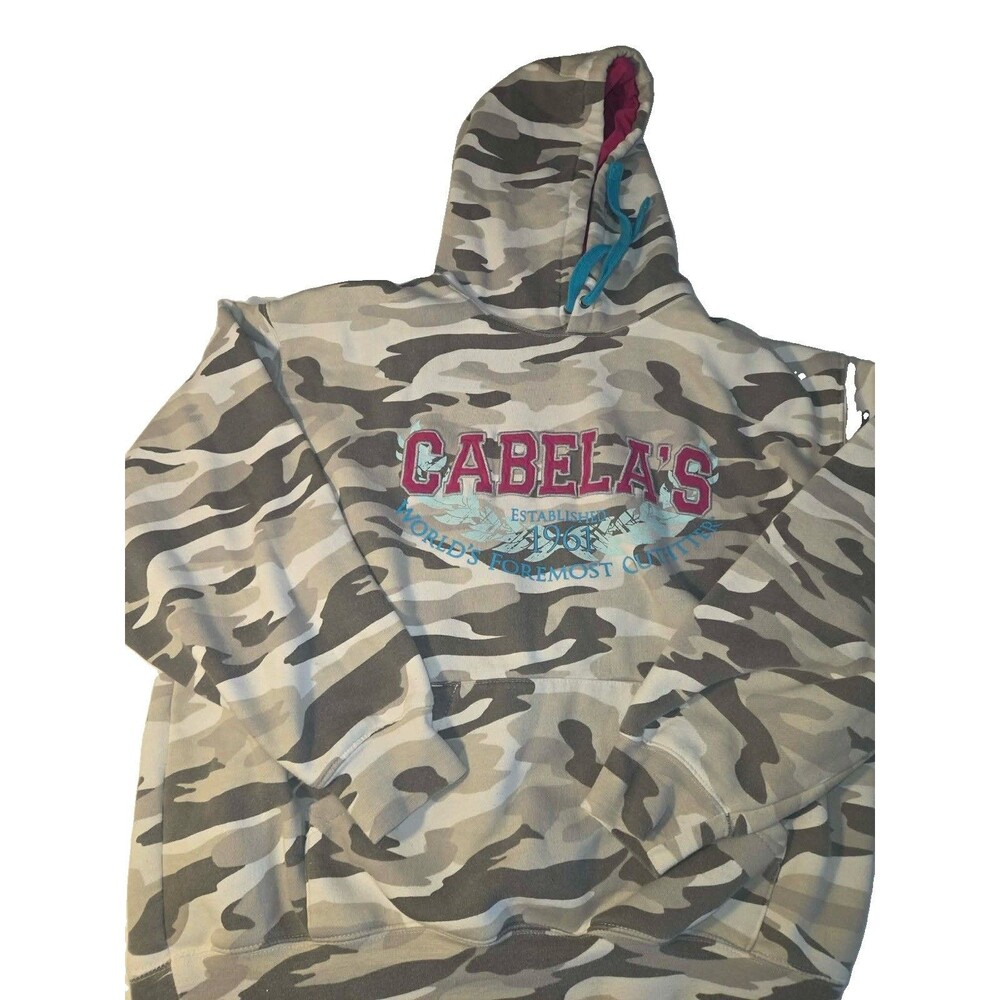 Cabela's Hoodie Womens XL Gray Camo Fleece Pullover Logo Outdoor